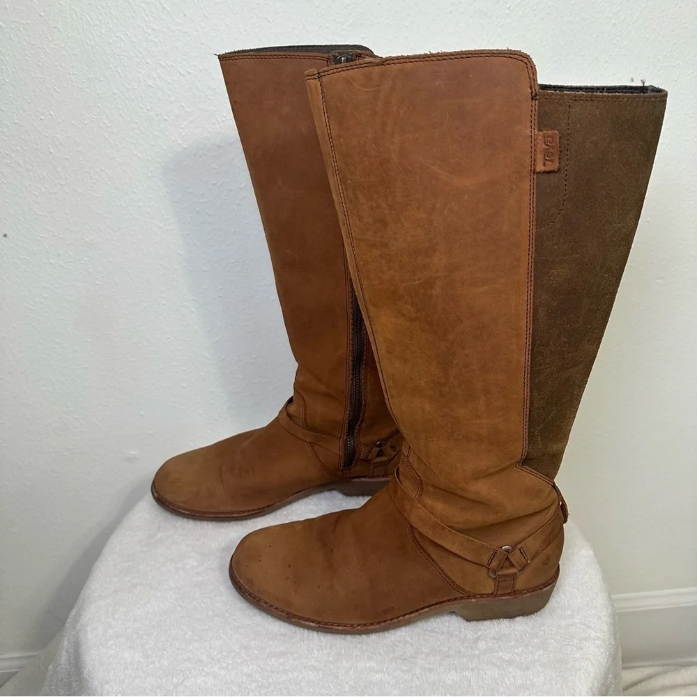 Teva De La Vina Dos Tall Bison Waterproof Leather Brown Over the Knee Boots SZ 9